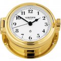  Porthole clock gold plated with Arabic numerals on white clock face
