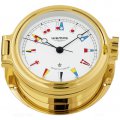 Porthole clock gold plated with flag-themed clock face on white background